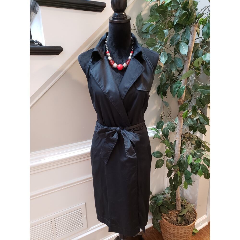Ann Taylor Jacket Dress Womens 12 Black Stretch Tie Waist Sleeveless Notch Lapel